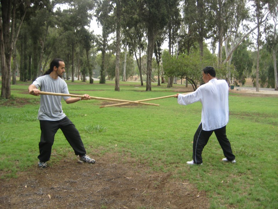 Zhou shifu, with one of his top students, Nitzan Oren from Israel. HaYarkon Park, Tel-Aviv, Israel, August 2010.