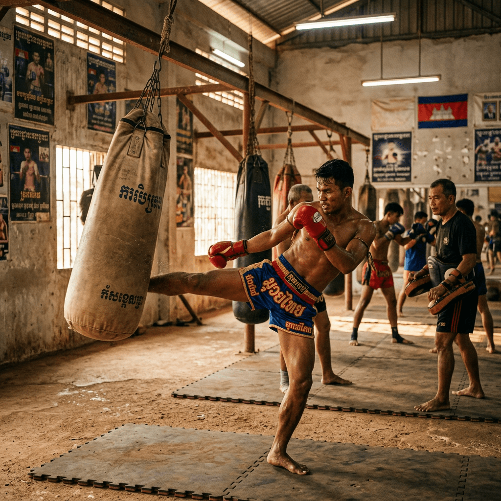 Muay Thai fighter kicking a heavy bag during training in a gym